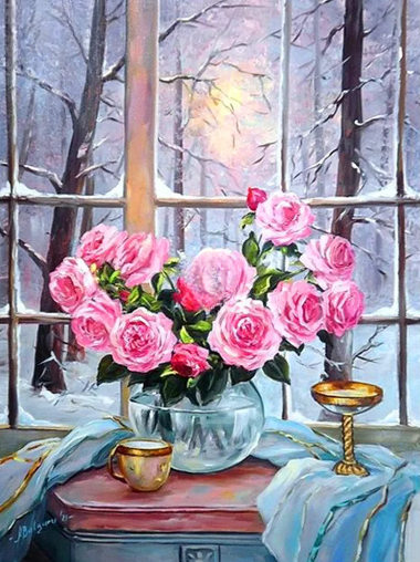 Diamond Painting Rosa Rosor I Glasskål*