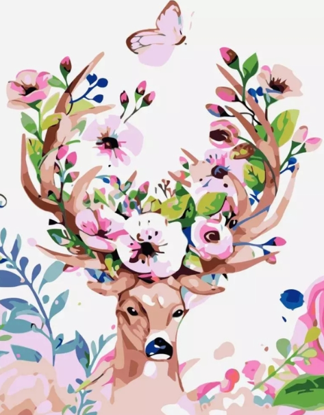 Paint By Numbers Deer With Flowers And Butterfly 40x50