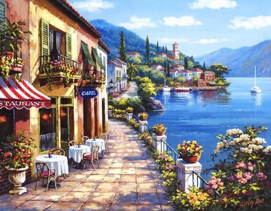 Paint By Numbers Cafe By River 40x50