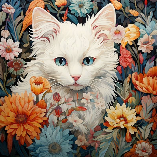 Diamond Painting Vit Katt Bland Blommor*
