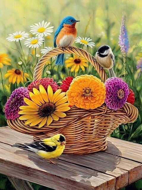 Diamond Painting Fåglar Blomsterkorg*