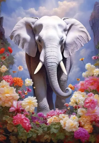 Diamond Painting Elefant Bland Blommor*