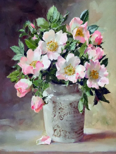 Diamond Painting Rosa Blommor I Keramikvas*