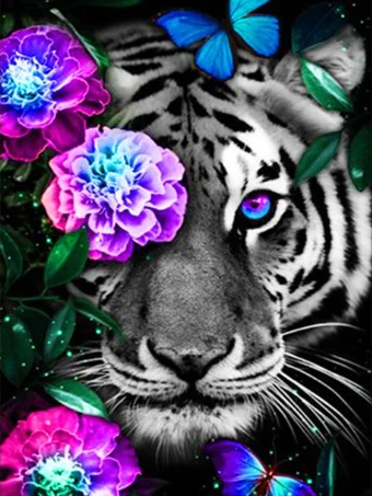 Diamond Painting AB Drills White Tiger And Flowers*
