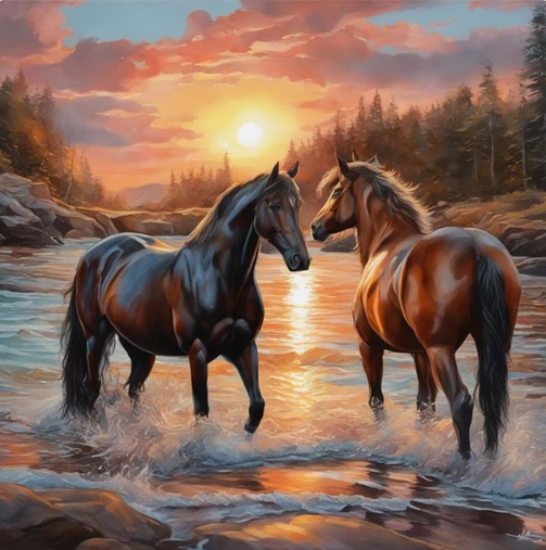 Diamond Painting Hästar Solnedgång*