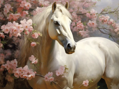 Diamond Painting AB Drills White Horse Flowers*