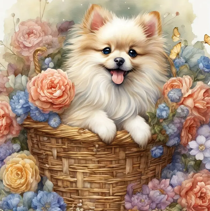 Diamond Painting Hund Blomsterkorg*