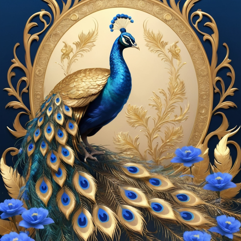 Diamond Painting Golden Blue Peacock*