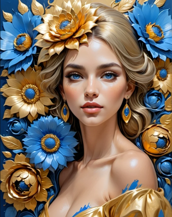 Diamond Painting Woman Golden And Blue Flowers*