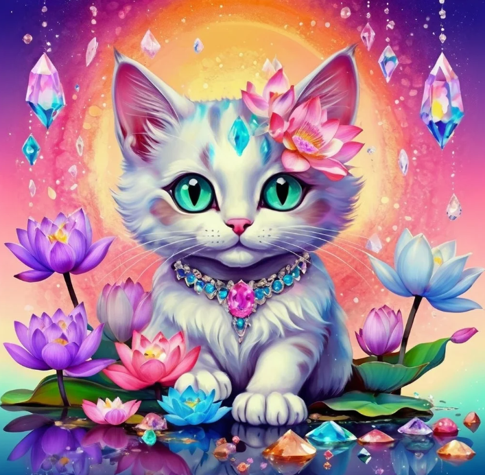 Diamond Painting Cat Flowers And Chrystals*