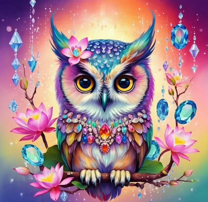 Diamond Painting Owl Flowers And Chrystals*