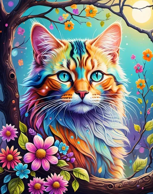 Diamond Painting Color Cat Flower Tree