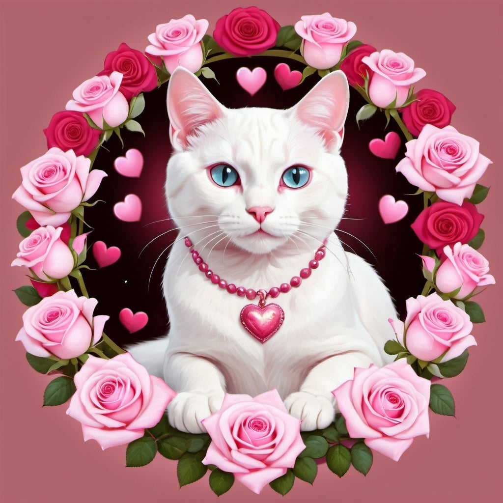 Diamond Painting White Cat Roses