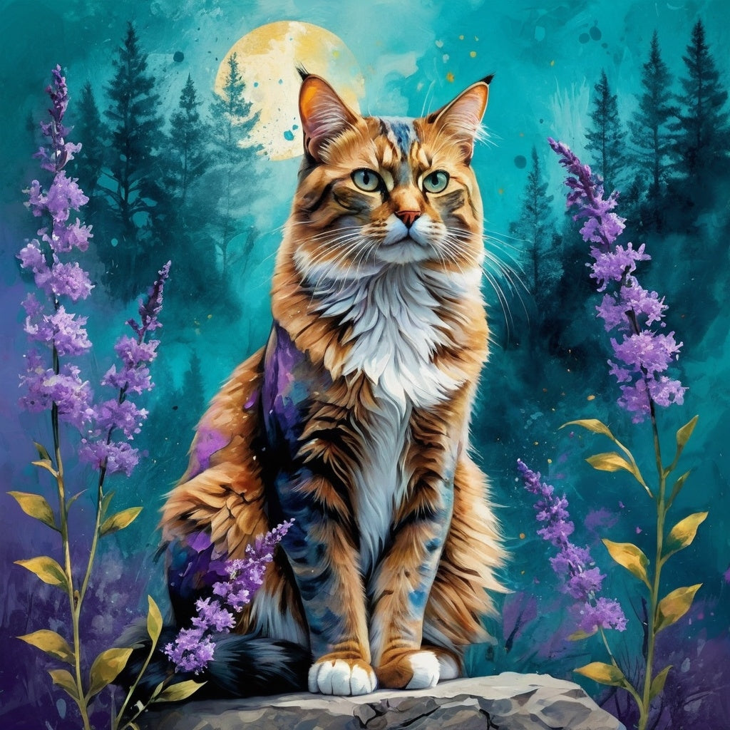 Diamond Painting Cat Purple Flowers