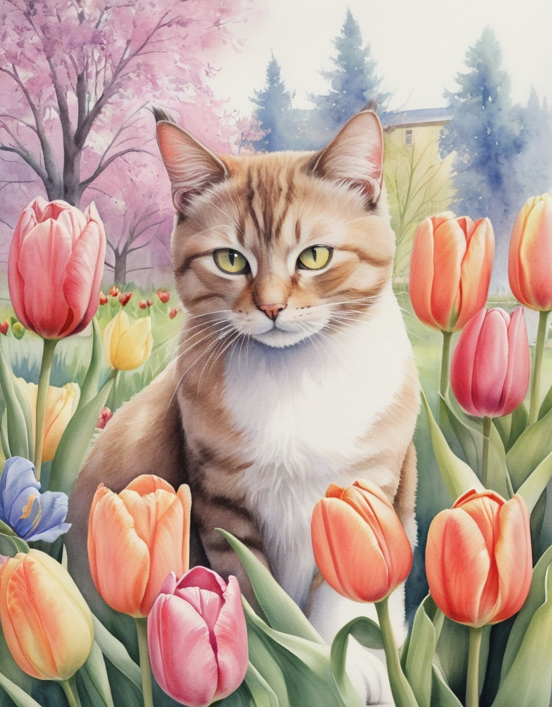 Diamond Painting Katt Bland Tulpaner