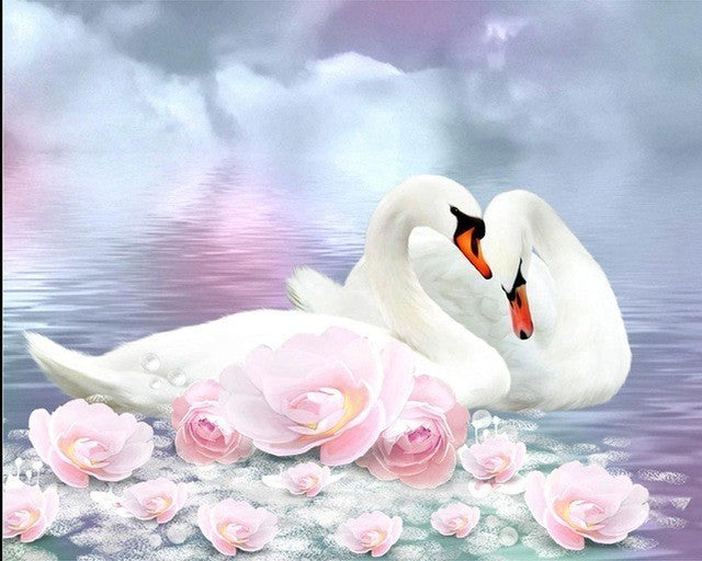 Diamond Painting Beautiful Swans And Roses