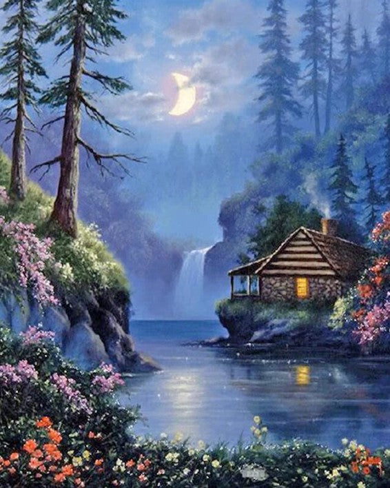Diamond Painting Skogsstuga Midnatt*