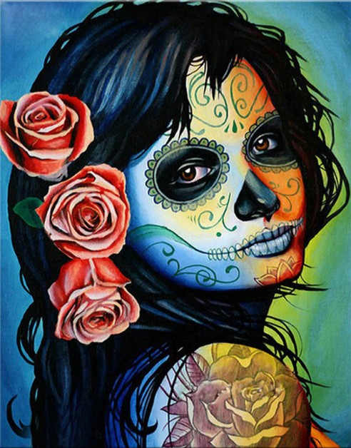 Diamond Painting Skull Girl Roses*