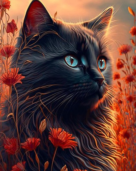 Diamond Painting AB Drills Cat Red Flowers*