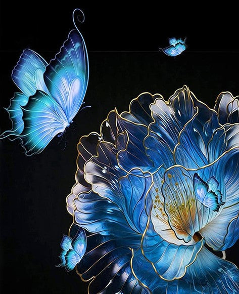 Diamond Painting Blå Fjärilar Och Blomma*