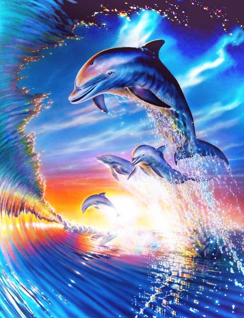 Diamond Painting AB Drills Dolphins Sunset Wave*