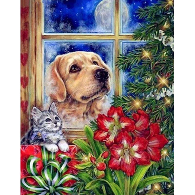 Diamond Painting Hund, Katt & Julgran*