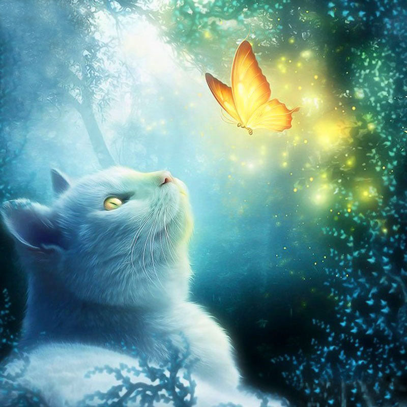Diamond Painting Cat And Golden Butterfly