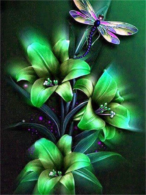 Diamond Painting Dragonfly Green Flowers